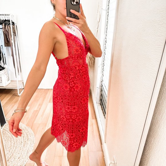 For Love & Lemons Gianna Midi Dress in Red Rust Lace - Picture 2 of 16